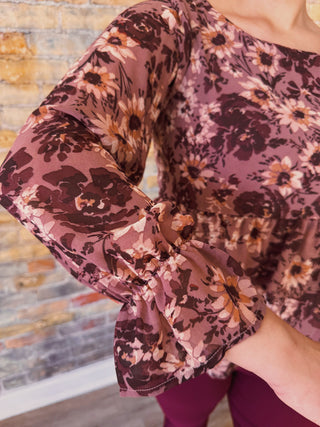 Close-up of a floral-patterned long-sleeve top with a blurred background