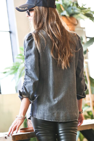 Denim shirring sleeve top