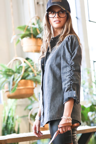 Denim shirring sleeve top