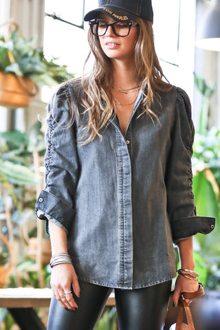 Denim shirring sleeve top