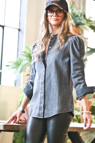 Denim shirring sleeve top