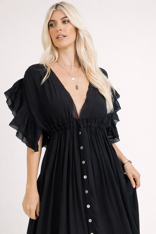 Women's deep v neck ruffle maxi dress back view — Brightter Boutique Jefferson WI