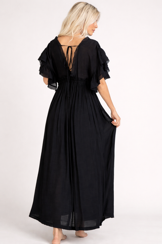 Women's deep v neck ruffle maxi dress side view — Brightter Boutique Jefferson WI