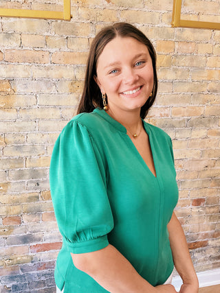 Hope blouse – feminine flowy green  top with smocked cuffs and lightweight fabric.