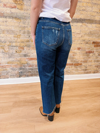 Back view of classic high rise straight leg women’s jeans