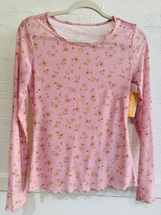 Pink long-sleeve shirt with floral pattern on a hanger against a white background