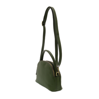 Close-up of adjustable crossbody strap and gold hardware details on the Larissa vegan leather bag. olive color