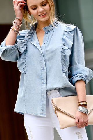 Denim ruffle blouse