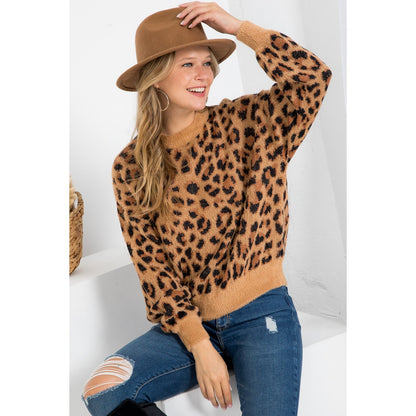 Fuzzy Leopard Pattern Pullover Sweater